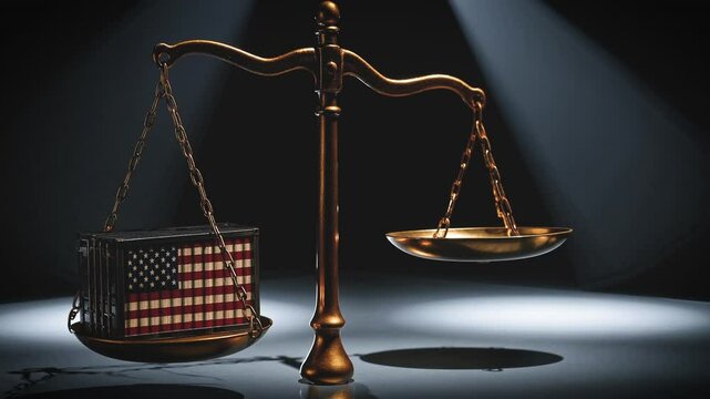 Symbolic scale showing U.S. flag container outweighing the other side, illustrating global trade imbalance, economic power and international trade policies.