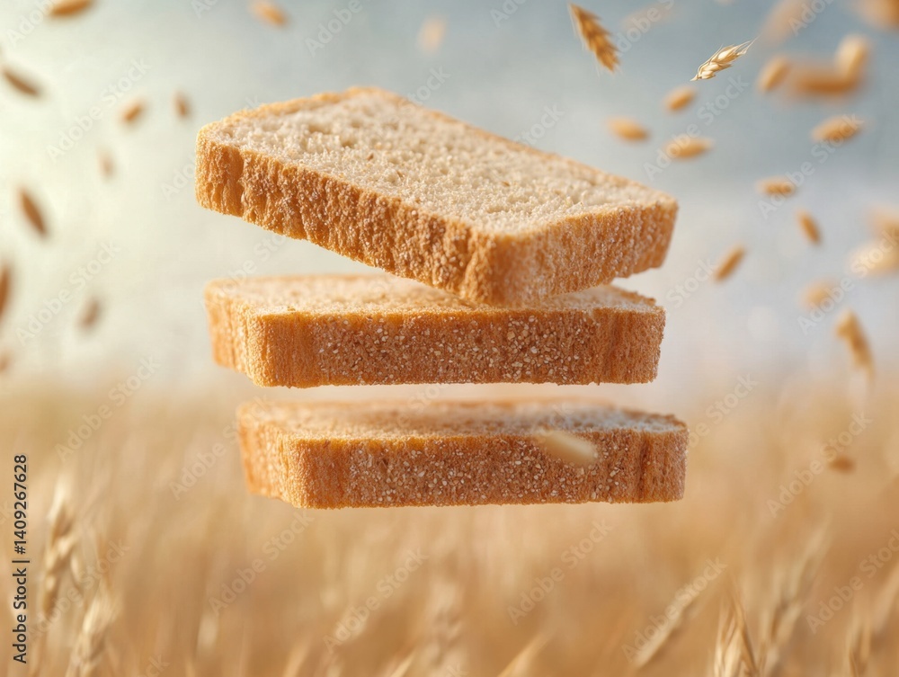 Aufkleber three slices of bread floating above a golden wheat field with falling grains in a soft light food p