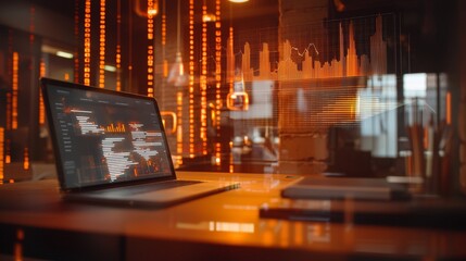 Obraz premium Modern workspace with laptop displaying data analytics in vibrant office setting during evening hours
