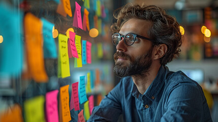 Obraz premium Co-Founder Creating Growth Hacking Funnel With Sticky Notes On Glass Board, Phases Like Awareness, Conversion, And Retention Visible, Copy Space Right 