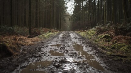 Windy forest pathway lined with vibrant moss and muddy puddles on a misty autumn morning