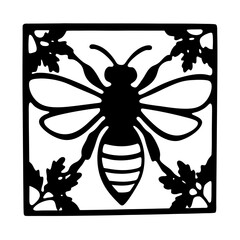 Bee and Leaf Silhouette Art in Square Frame on White Background