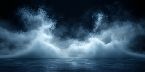 Obraz premium Mystical mist. Swirling smoke in dark and light symphony. Fluid fantasia. Abstract dance of fog and light on floor with black background