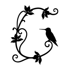 Elegant floral vine initial with hummingbird silhouette perched on a scroll © Tanjila