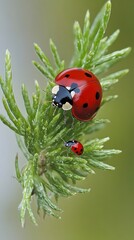 Obraz premium Two Ladybugs on Green Plant Detailed Macro Shot