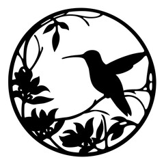Silhouette of a Hummingbird Perched Among Flowers and Leaves in a Circle