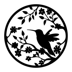 Elegant Hummingbird Silhouette in Circle with Flowers and Branches Illustration