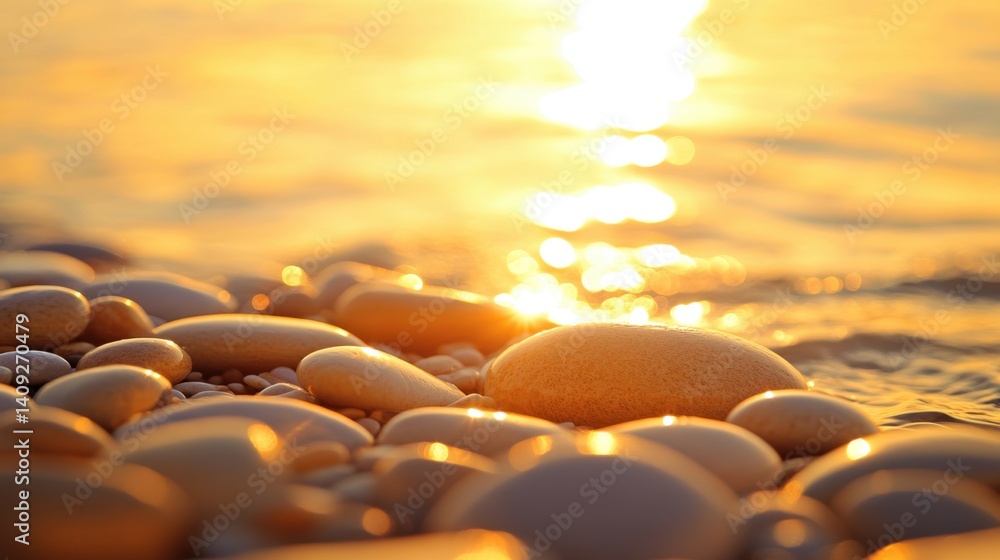 Aufkleber serene beach pebbles bathed in golden sunlight creating a tranquil and warm ambiance with a bokeh ba