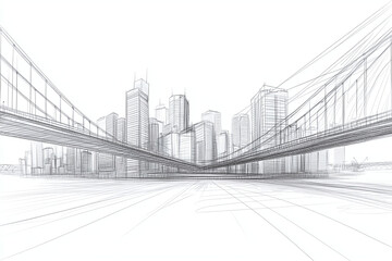 Modern city skyline sketch with high-rises and bridges in minimal black and grey pencil style