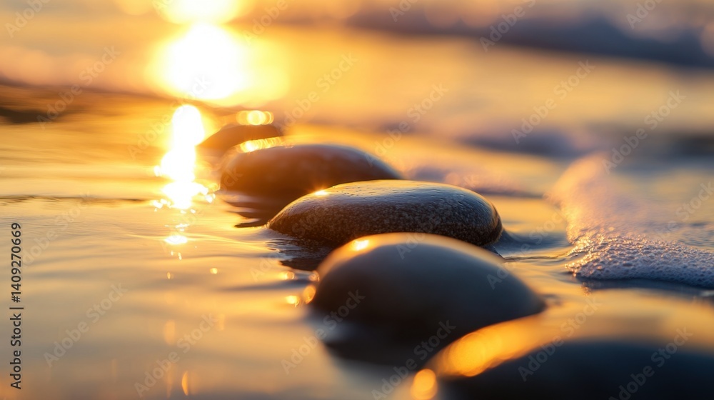 Poster serene golden hour at the beach with smooth stones in shallow water reflecting the warm sunlight and