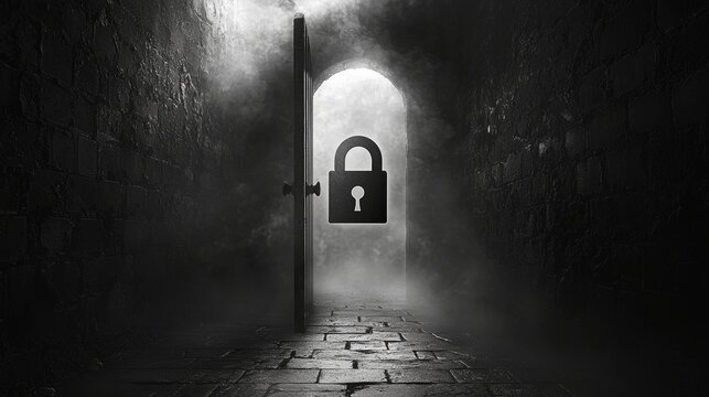 Mysterious locked door surrounded by fog in an ancient stone corridor at dusk