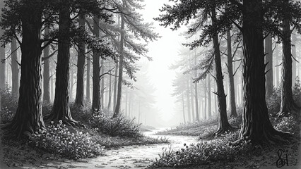 Obraz premium Black and White Forest Scene with Path