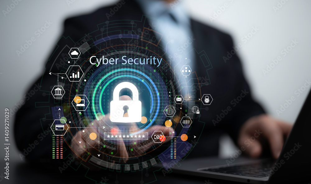 Poster futuristic interface visualizing cybersecurity technology with shield icons, data protection, encryp