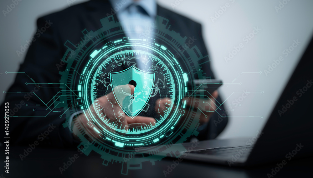 Poster modern lock icon inside digital hud displaying cybersecurity and data protection solutions, preventi