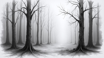 Obraz premium Foggy Forest of Bare Trees