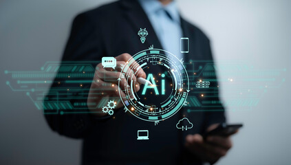 Bright AI interface with futuristic elements showcasing artificial intelligence, automation systems and data-driven innovation in the digital business world