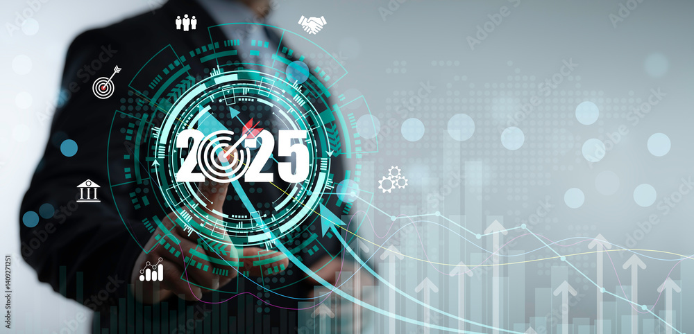 Poster futuristic business interface showing digital growth projection and strategic target planning for ac