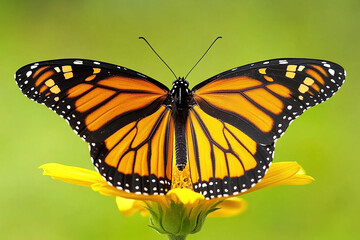 Naklejka premium Macro image of monarch butterfly on a yellow flower in a garden with vivid details and soft green blur