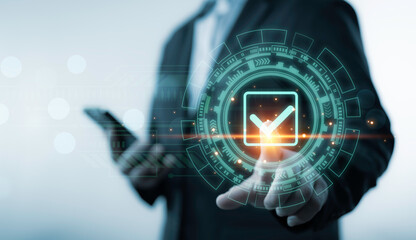 Futuristic digital interface with glowing checkmark icon representing success, verification and system approval in a modern tech environment