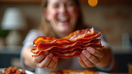 Person Holding Stack of Cooked Bacon Strips