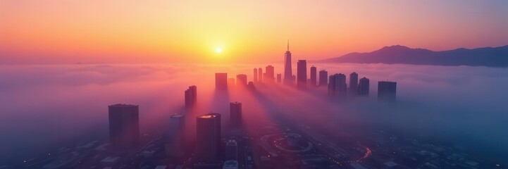 Fototapeta premium Misty dawn blankets LA cityscape, skyscrapers shrouded in fog , stock, sunrise