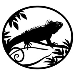 Black silhouette of a crested iguana lounging on branches inside a circle