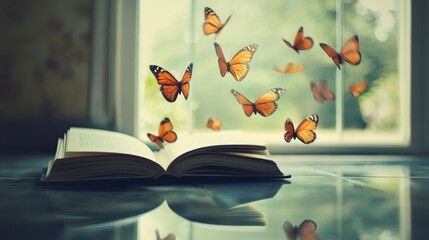 Open Book with Butterflies Flying Away, Representing Imagination and Freedom