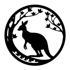 Silhouette of a Kangaroo in a Circular Frame with Trees and Leaves