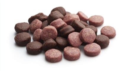 Pile of nutritious dry dog food on a white background showcasing balanced diet and healthy lifestyle for pets in studio shot