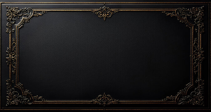 Luxurious black leather texture with finely detailed golden ornamental border. The composition exudes elegance and sophistication, ideal for premium branding, menus, or upscale invitations.