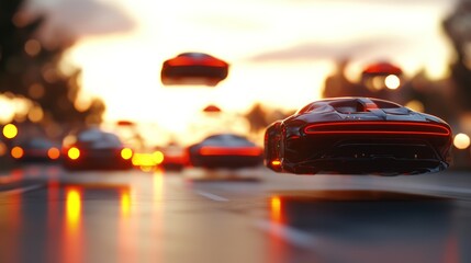 Obraz premium Futuristic flying cars on city street at sunset