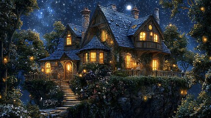 Enchanting Stone Cottage with Glowing Windows Under a Starry Night Sky