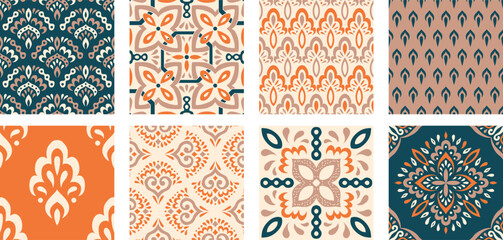 Collection of Moroccan style seamless pattern. Creative mediterranean interior design. Ethnic ornament swatch set. Azulejos tiles vector illustration. Modern Spanish talavera.