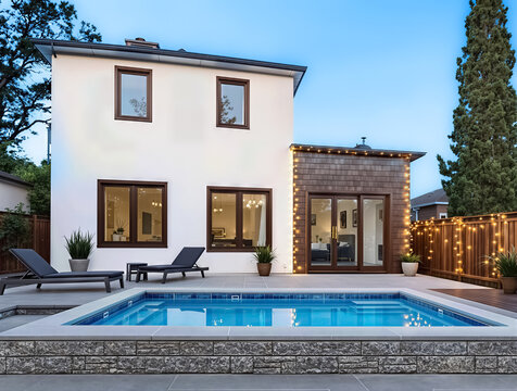 contemporary house with a blue rectangular pool in the backyard at dusk