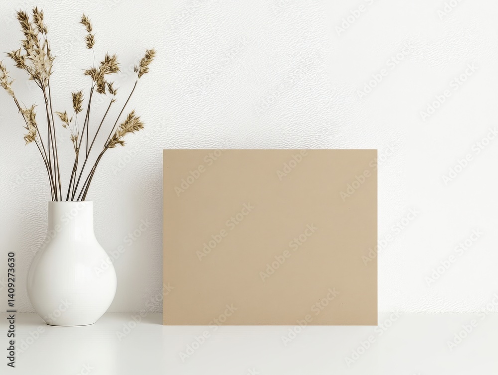 Poster empty frame's serene embrace: a minimalist tableau of a blank frame alongside a vase of dried flower