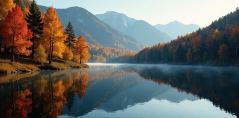 Obraz premium Serene autumn lake, golden foliage reflected Tranquil forest panorama , trees, red