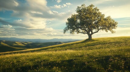 Fototapeta premium Single tree on a grassy hill with rolling hills in the background and a cloudy sky above.