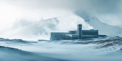 Fototapeta premium Serene Architectural Haven: A solitary modern building stands as a testament to human ingenuity against the backdrop of a majestic mountain range, enveloped by mist in a desolate expanse.