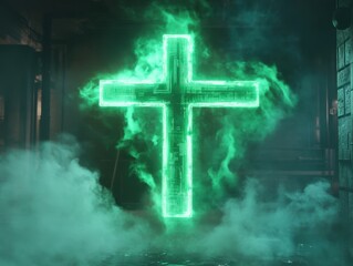 Fototapeta premium Emerald Cross in Smoke: A glowing emerald cross emanates light through a shroud of ethereal green smoke. The image evokes a sense of otherworldliness and mystery.