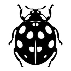 A striking black and white illustration of a ladybug with many spots on its back showing intricate details of its body and legs