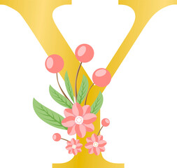 golden letter monogram with floral ornament, tranparent background 