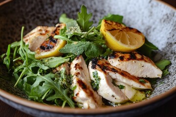 Grilled chicken breast with arugula, lemon wedges, and a lemon vinaigrette dressing