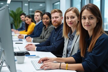 Attentive diverse group of young male and female professionals sitting in a row using computers during a business training session or meeting in a modern collaborative office space