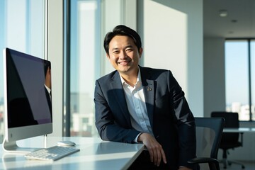 Friendly East Asian businessman wearing a suit, sitting at his office desk equipped with a computer monitor, looking directly at the camera with a warm and genuine smile