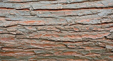 Fototapeta premium Close-up texture of Cherry tree bark. Features a sleek horizontal grain pattern, fine scattered lenticels (pores), and a natural blend of earthy brown and reddish-gray hues. Organic background.