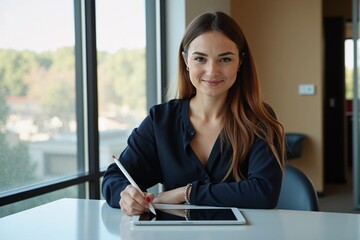 Smiling Caucasian businesswoman using a digital tablet computer and stylus pen while sitting at her office desk near a window, looking pleasantly towards the camera workspace