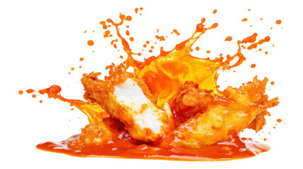 Crispy Fried Chicken Wings Drenched in Spicy Orange Sauce with Dramatic Splash Effect
