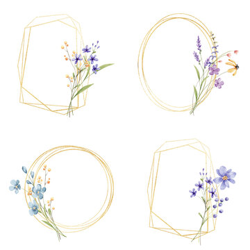 Fototapeta Set gold geometric frames. Watercolor hand painting floral frames with place for text with flowers. Isolated on white background.