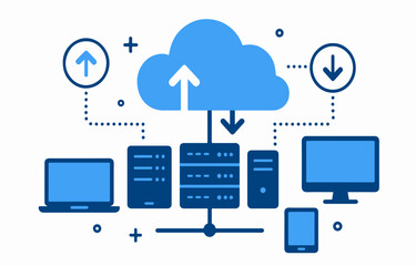 Flat vector illustration of cloud computing connected devices, and upload/download icons, modern IT style, white background, infographic design