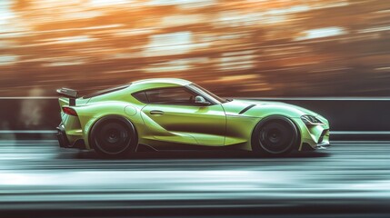 A sleek green sports car speeds along a winding road during a vibrant sunset drive